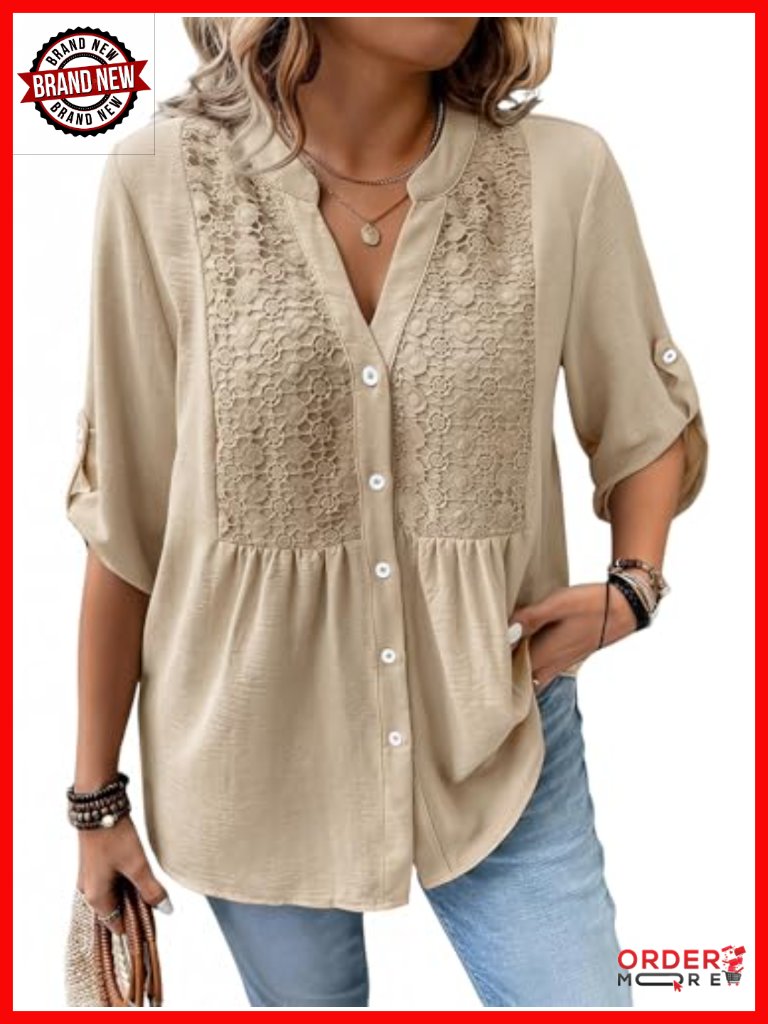 Plus Size Boho Button Down Blouse 3/4 Sleeve Babydoll Peplum Tunic